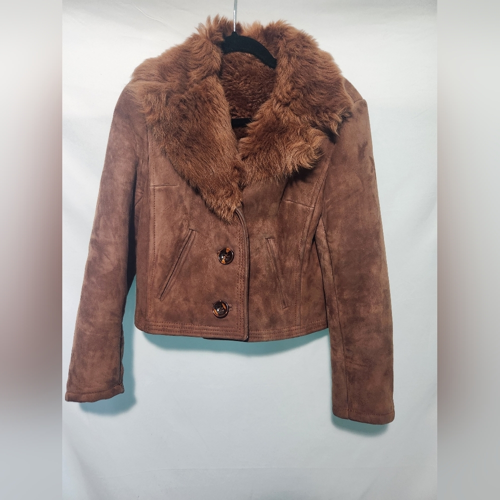Vintage Jean Montan Brown/Red Suede Leather Jacket W Fur Lining. 70s Rock Chick.